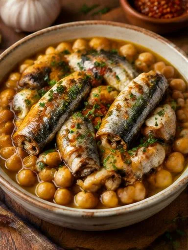 Sardinha com grão de bico ao alho e óleo