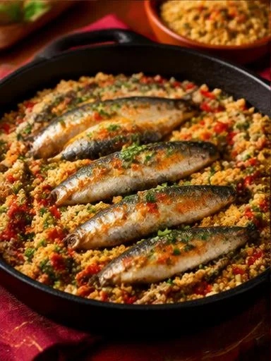 Sardinha na frigideira com farofa de PTS