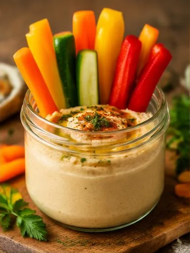 Homus de potinho com palitos de legumes