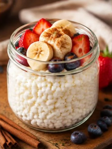 Potinho de cottage com frutas e canela