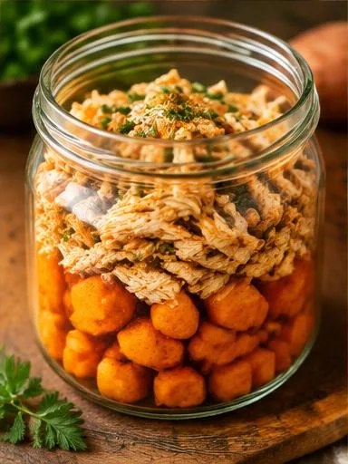 Pote de frango desfiado com batata-doce