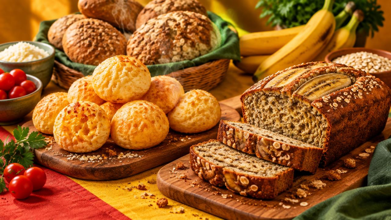 Seleção de Pães, bolos e pão de queijo